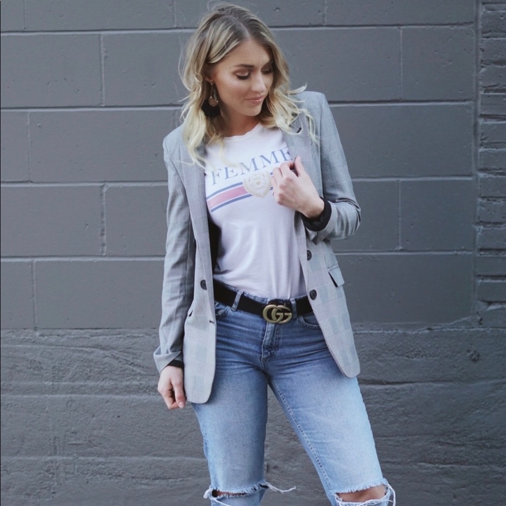 Grey and black plaid boyfriend style blazer